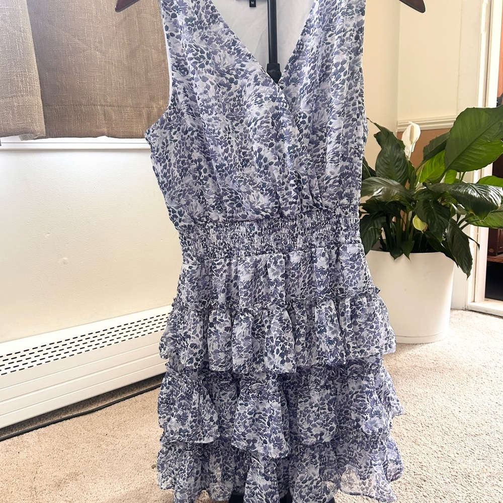 Blue and White Floral Tiered Mini Dress - Picture 2 of 5